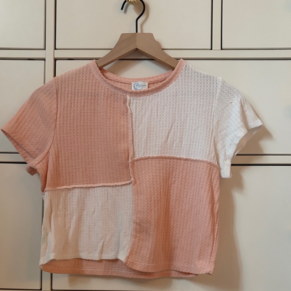 Blue Rain Pink Waffle Knit White Patchwork Top